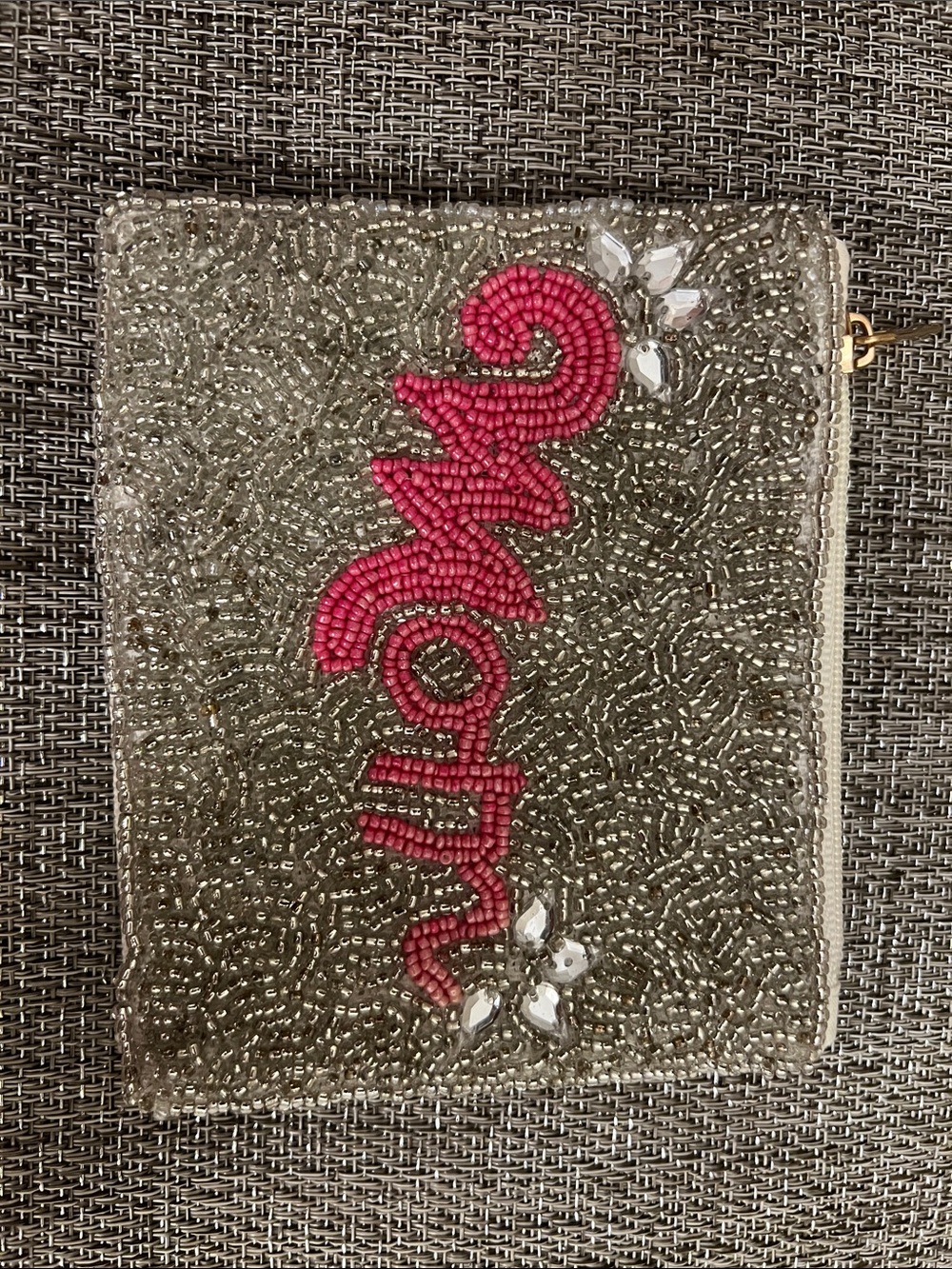 Embellished 'Mom' Beaded Zip Pouch - Pink on Silver
